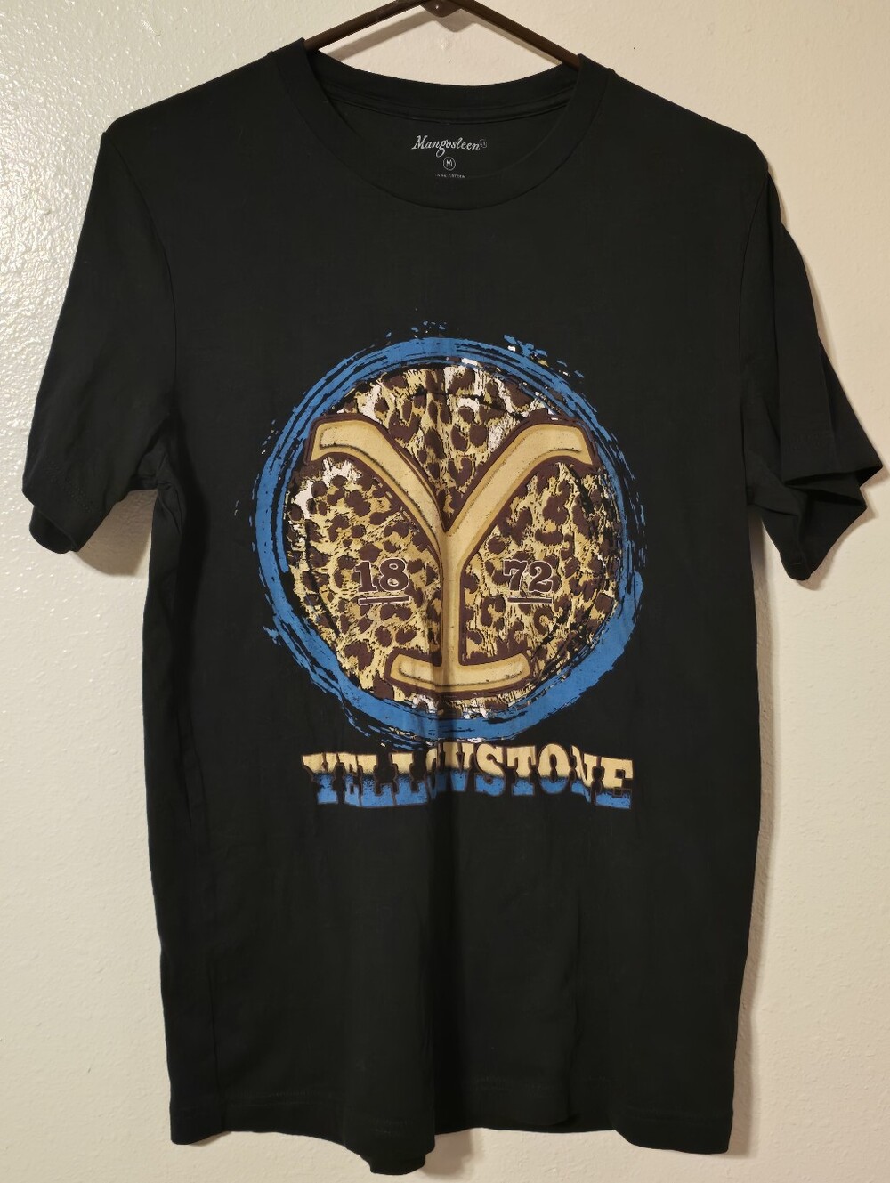 Yellowstone T-Shirt Men's Medium Black Leopard Print Y Logo Graphic Tee 100% Cot